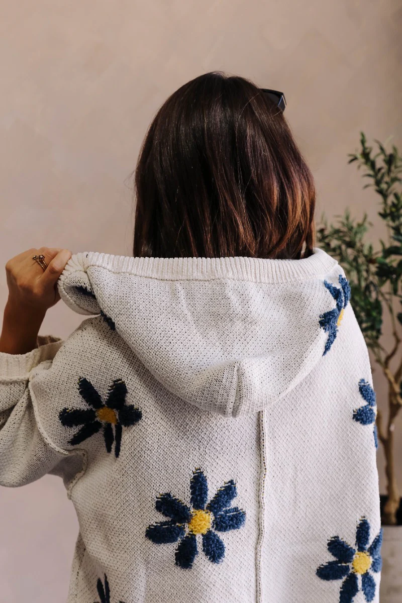 Daisy Floral Navy & Cream Long Sleeve Hoodie Sweater - Image 9