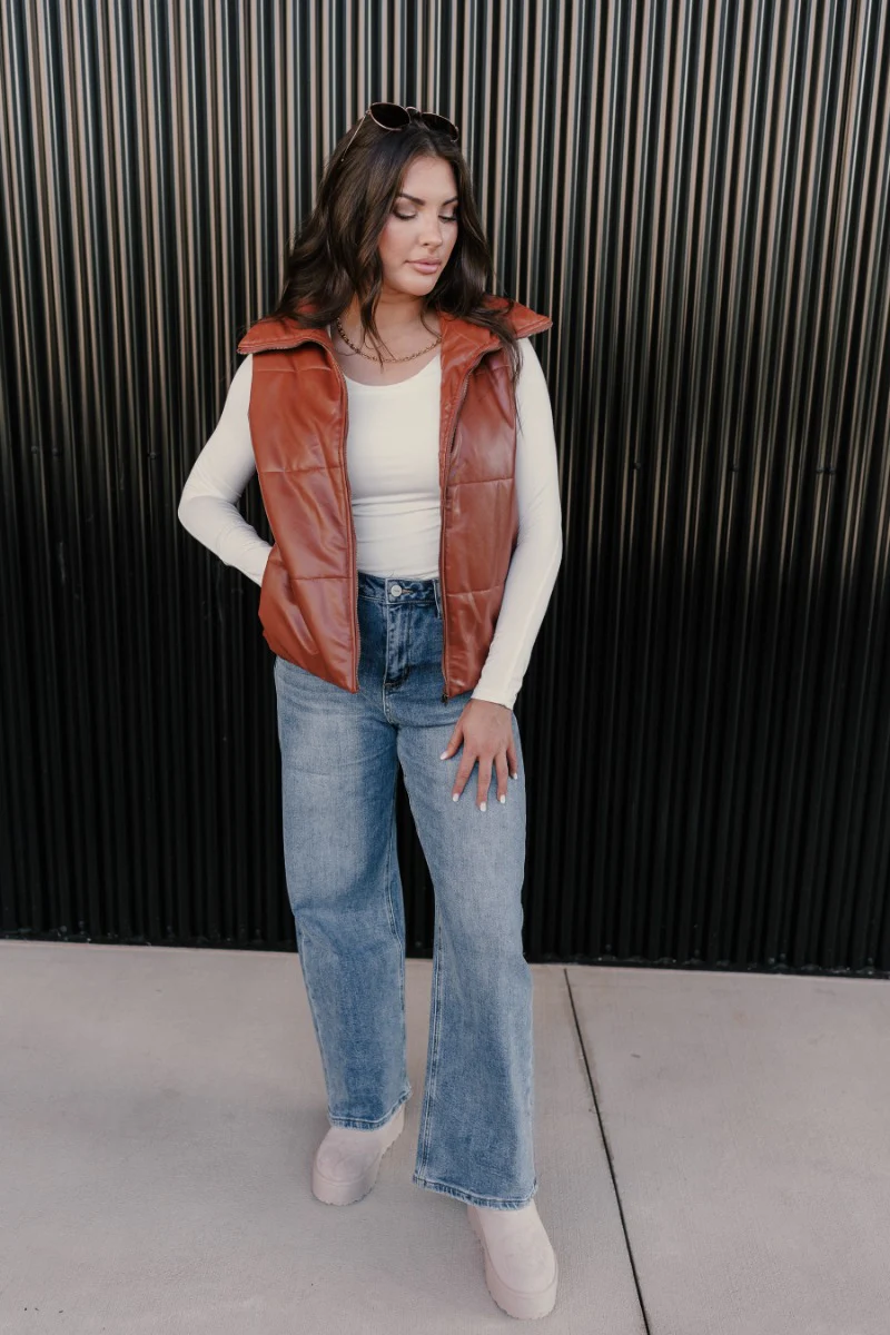 Dakota Brown Faux-Leather Puffer Vest - Image 2