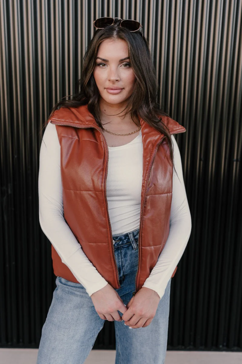 Dakota Brown Faux-Leather Puffer Vest - Image 3