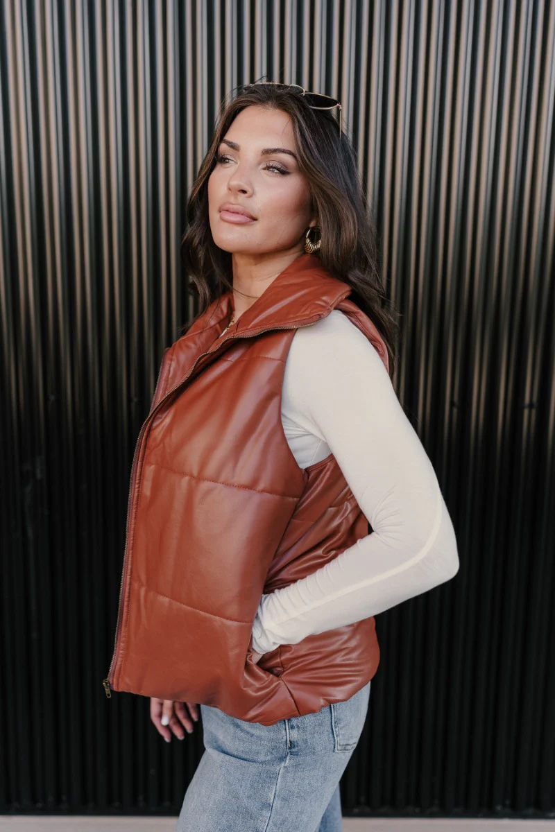 Dakota Brown Faux-Leather Puffer Vest - Image 4