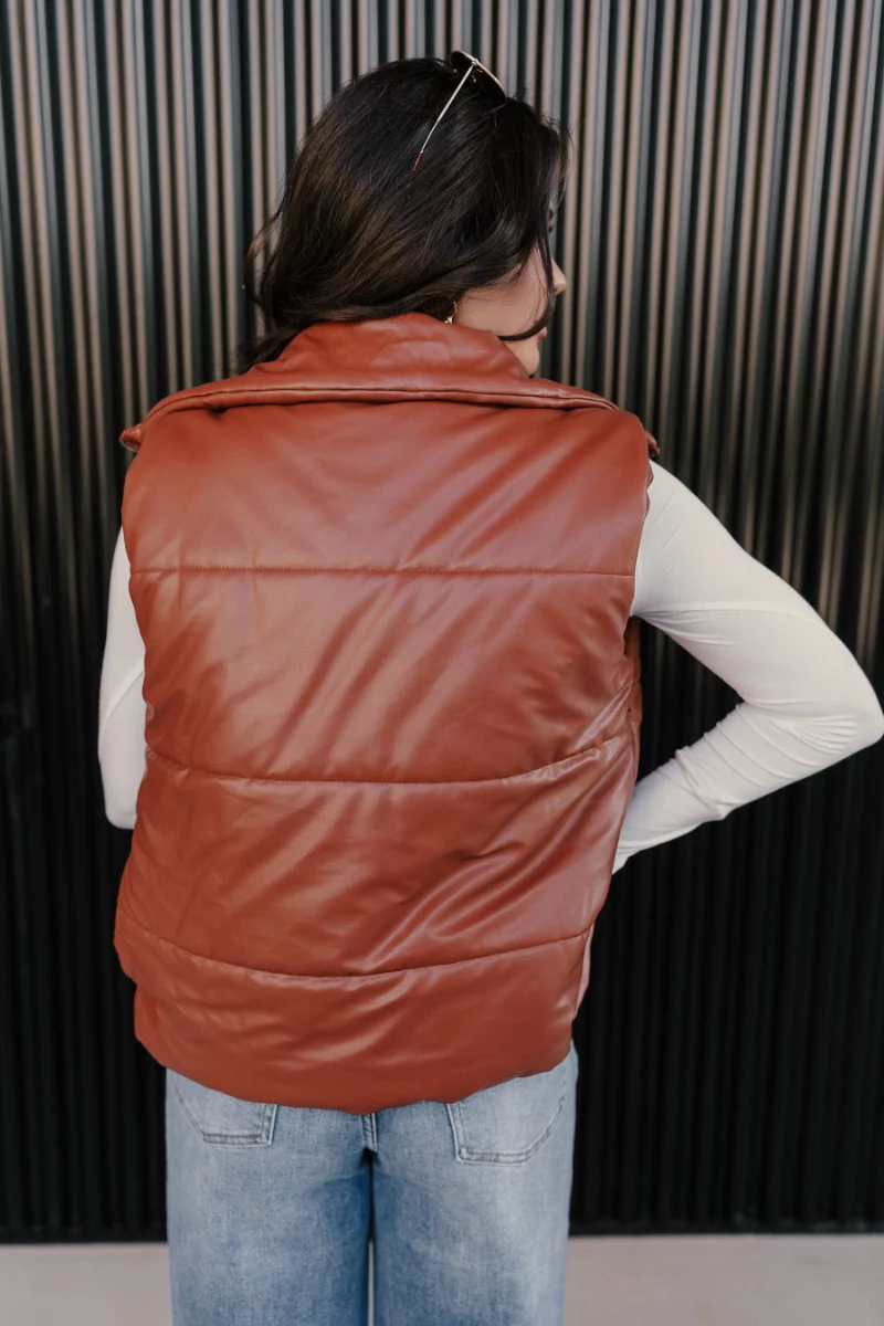 Dakota Brown Faux-Leather Puffer Vest - Image 5