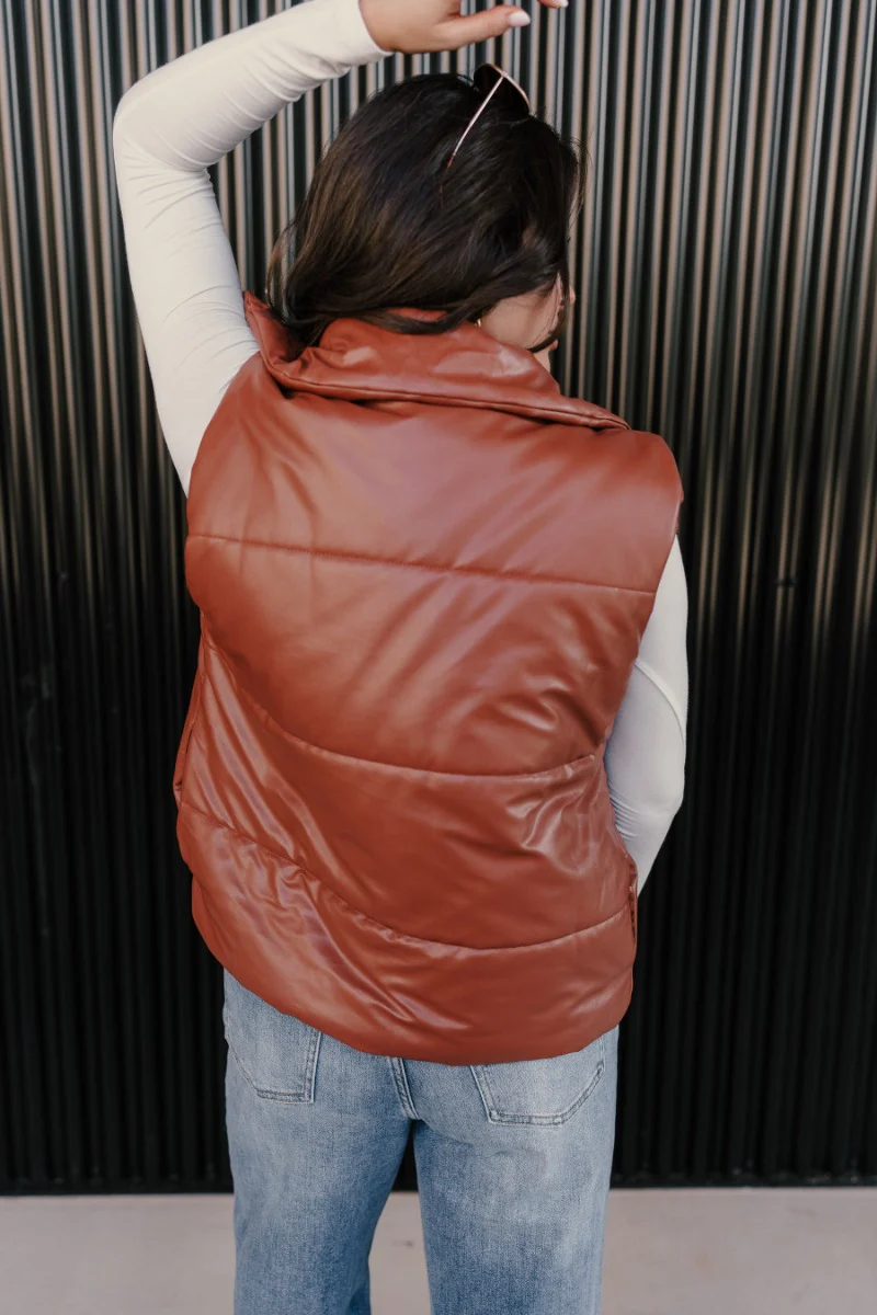 Dakota Brown Faux-Leather Puffer Vest - Image 6