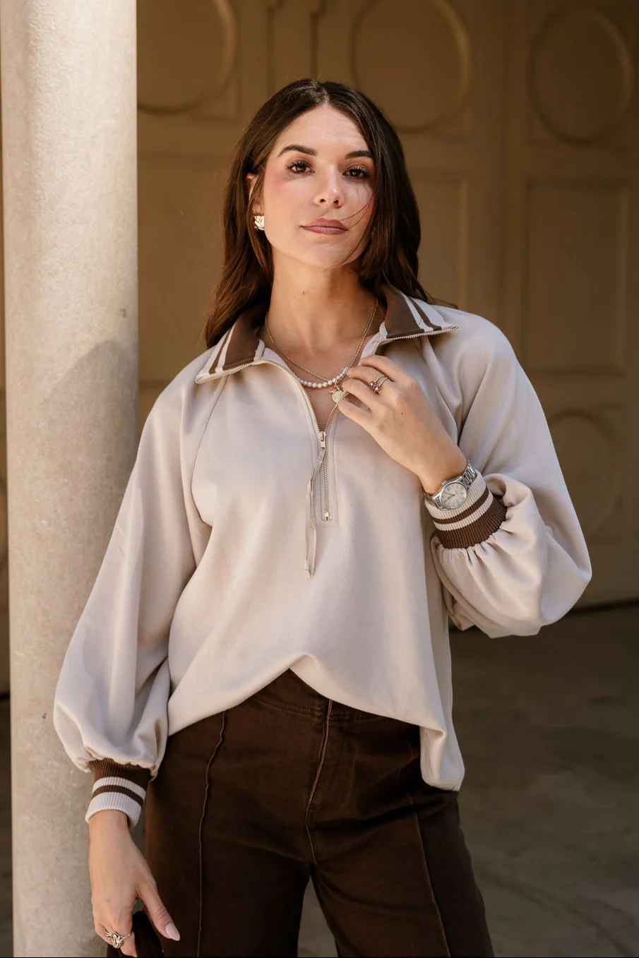 Dalia Beige Quarter Zip-Up Top - Image 5