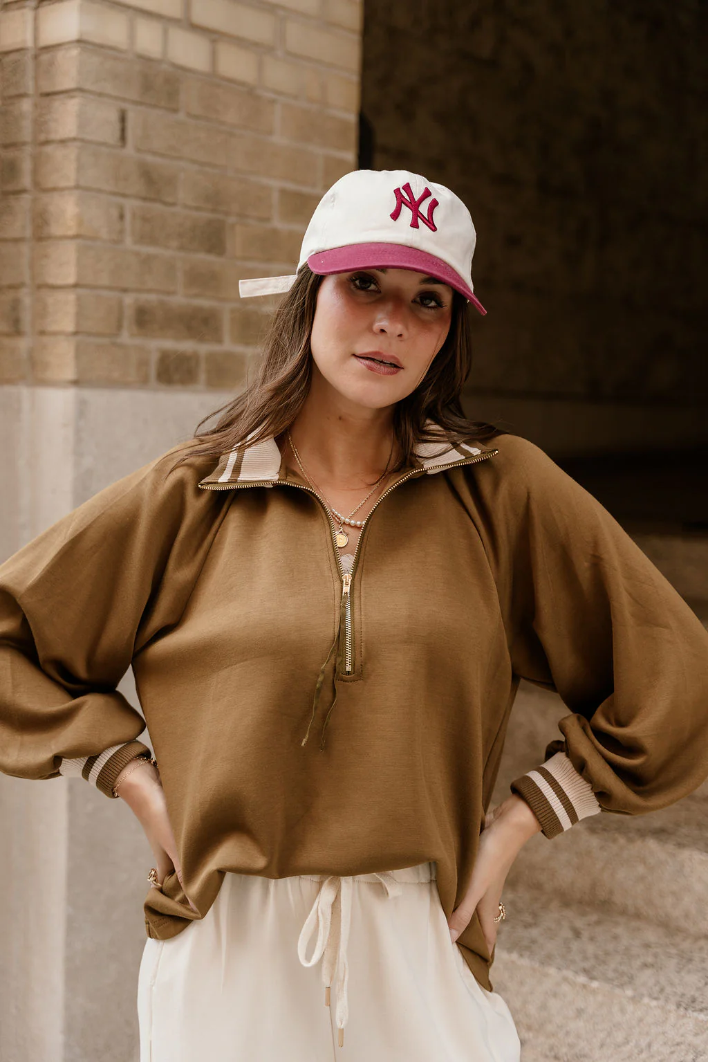 Dalia Olive Quarter Zip-Up Top