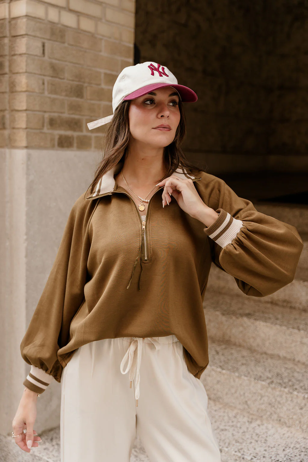 Dalia Olive Quarter Zip-Up Top - Image 4