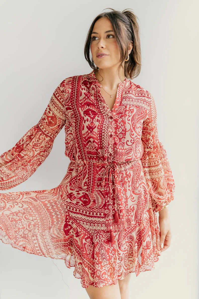 Dalia Red & Tan Printed Long Sleeve Mini Dress