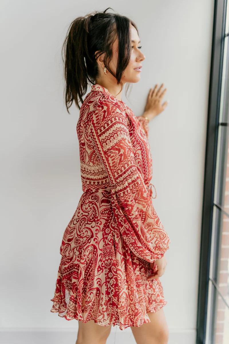 Dalia Red & Tan Printed Long Sleeve Mini Dress - Image 4