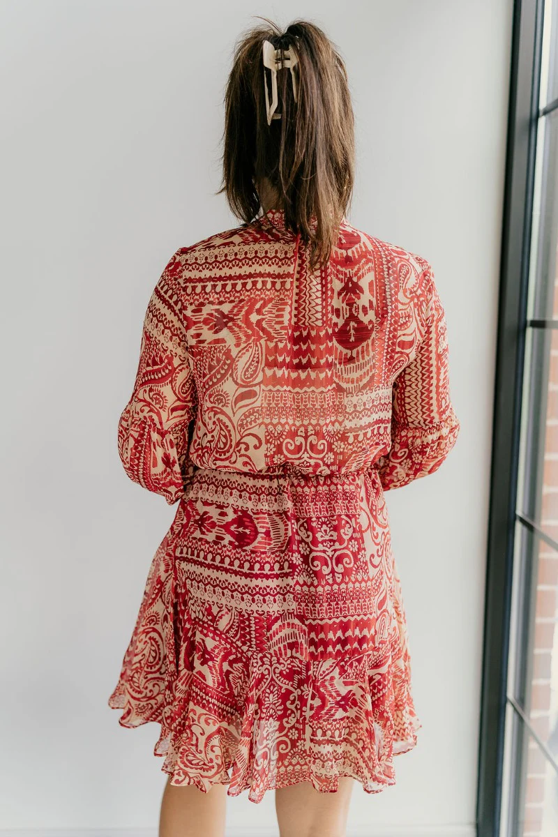 Dalia Red & Tan Printed Long Sleeve Mini Dress - Image 5