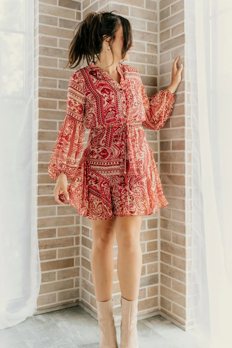 Dalia Red & Tan Printed Long Sleeve Mini Dress - Image 6