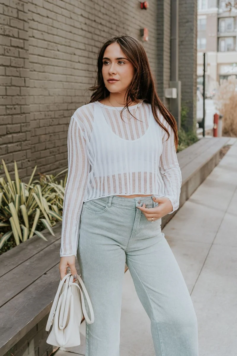 Dalia White Open Knit Cropped Long Sleeve Top