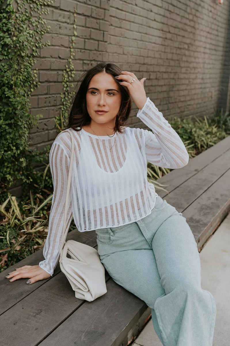 Dalia White Open Knit Cropped Long Sleeve Top - Image 2