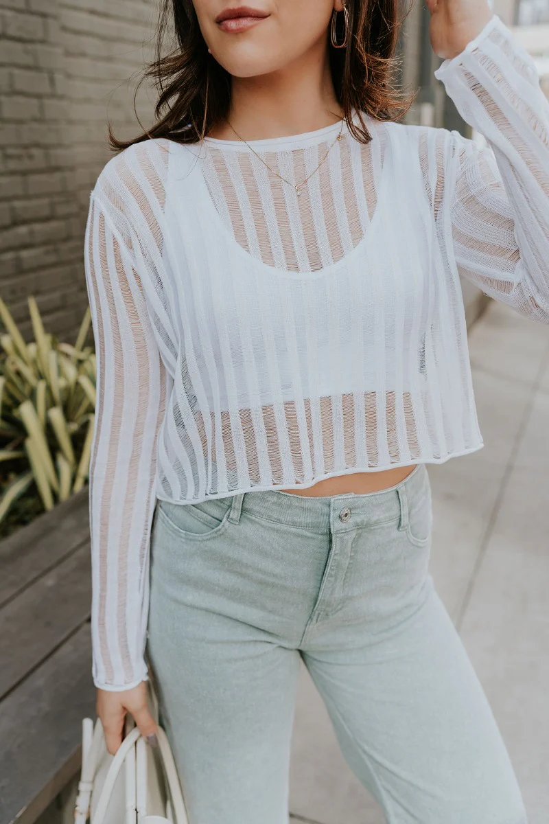 Dalia White Open Knit Cropped Long Sleeve Top - Image 3