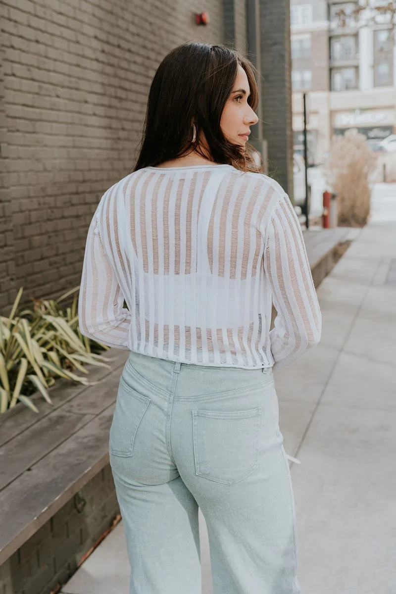 Dalia White Open Knit Cropped Long Sleeve Top - Image 5