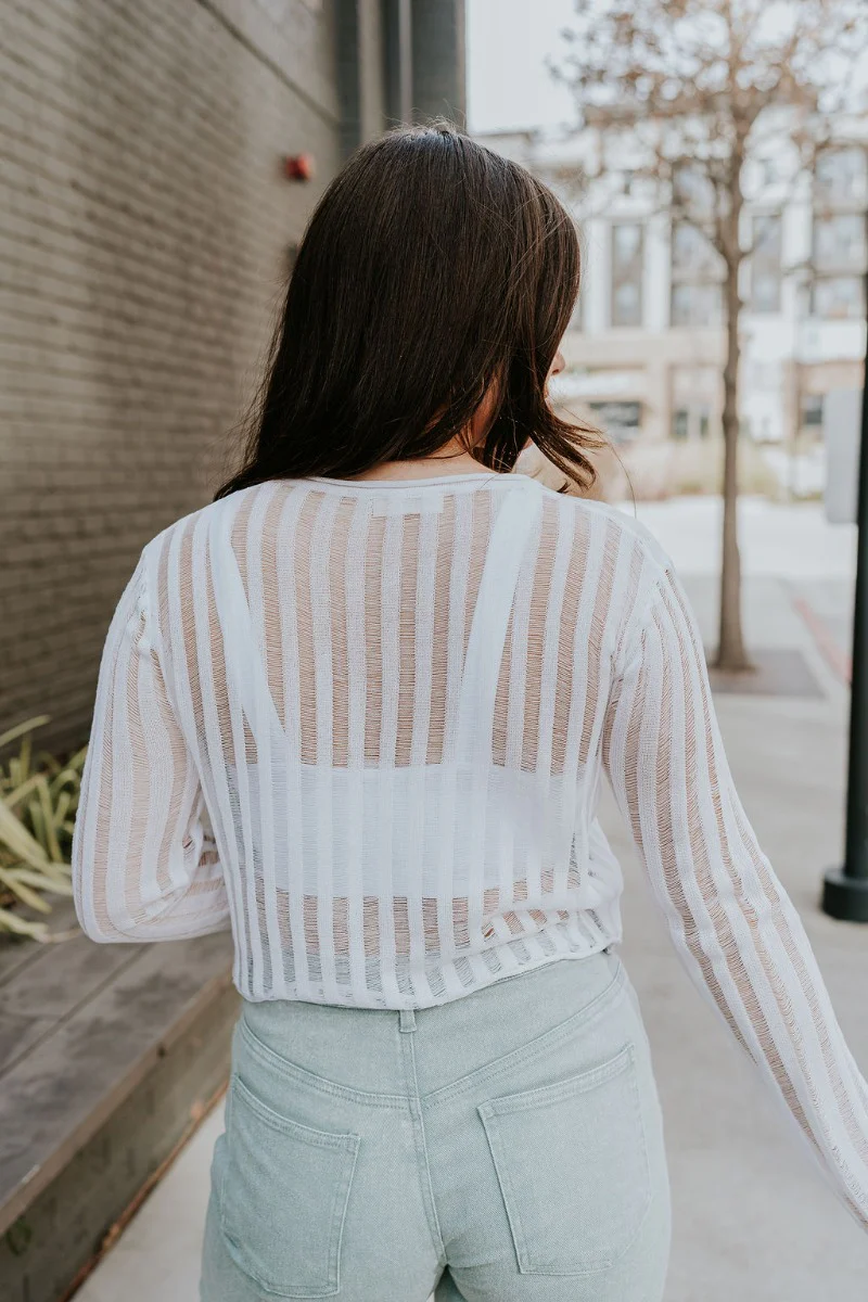 Dalia White Open Knit Cropped Long Sleeve Top - Image 6