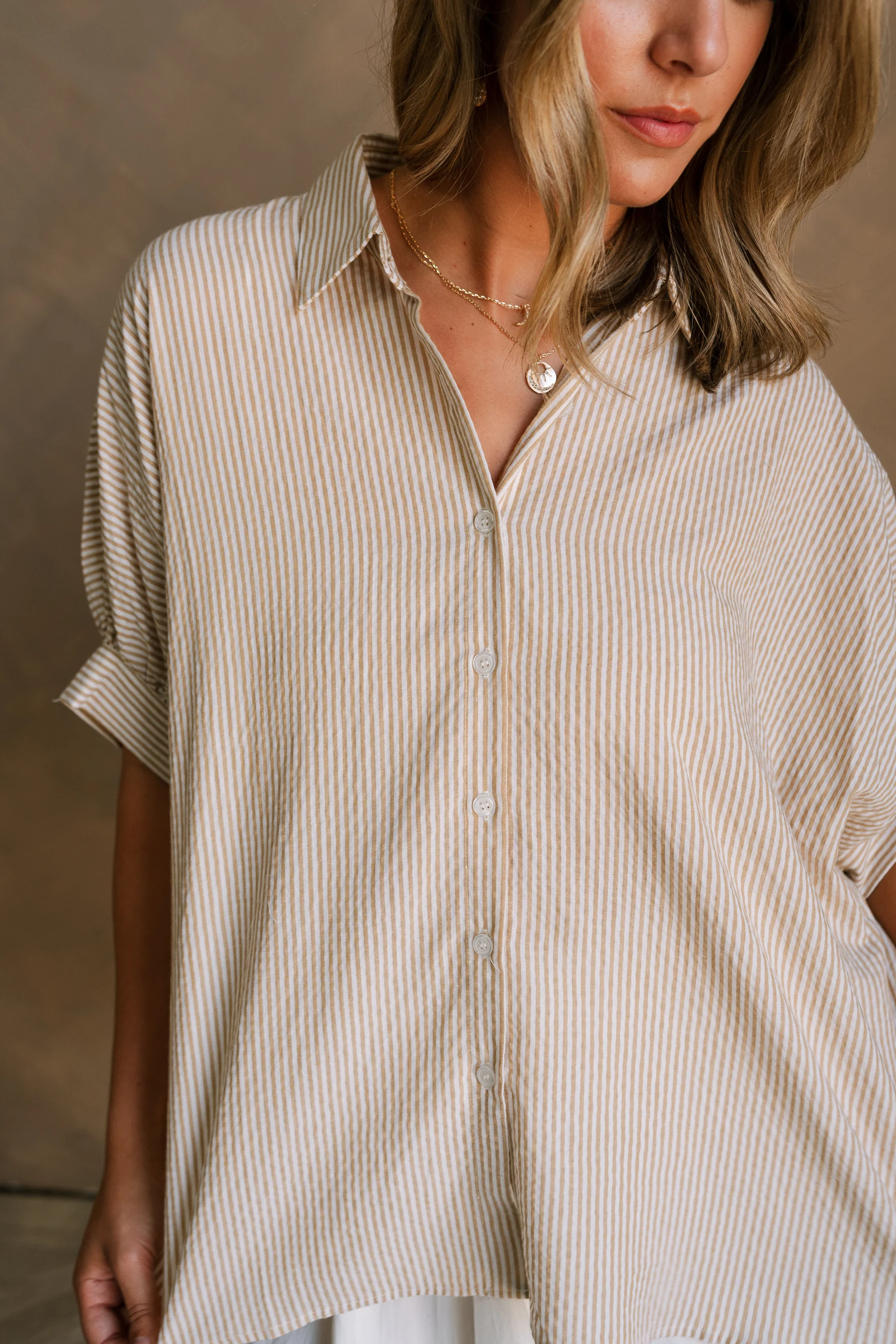 Dania Taupe & White Stripe Button-Up Top - Image 3