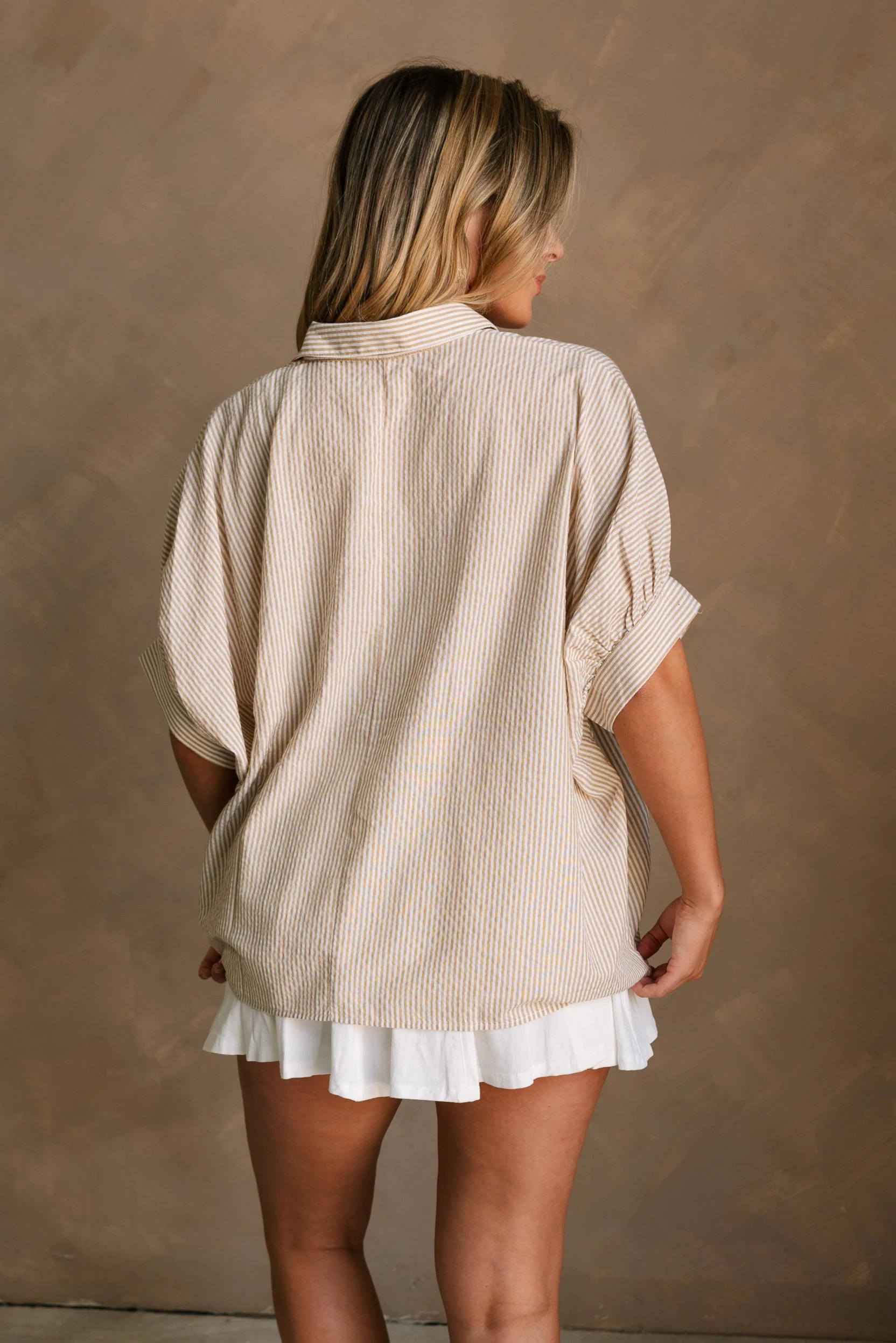 Dania Taupe & White Stripe Button-Up Top - Image 4