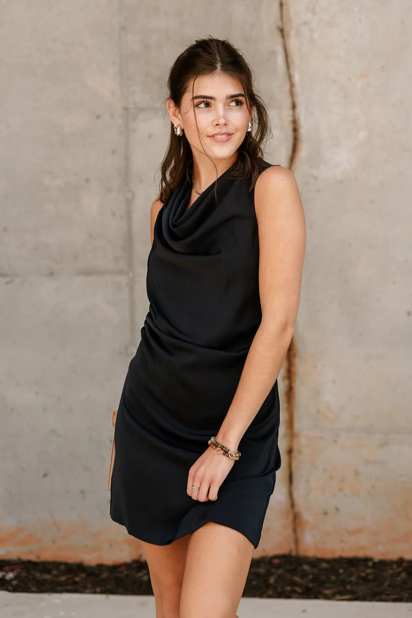 Daniela Navy Satin High Neckline Mini Dress - Image 5
