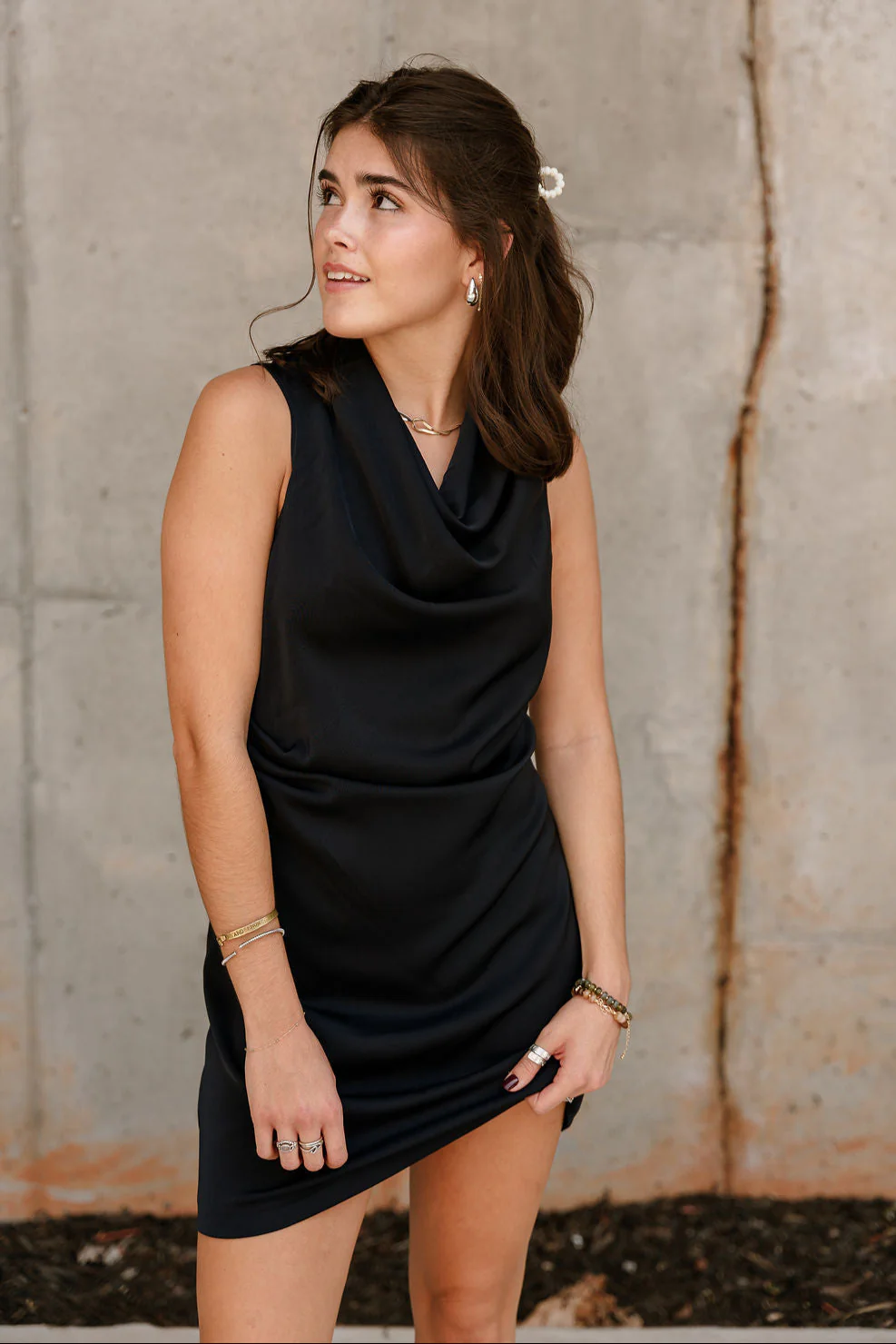 Daniela Navy Satin High Neckline Mini Dress - Image 7