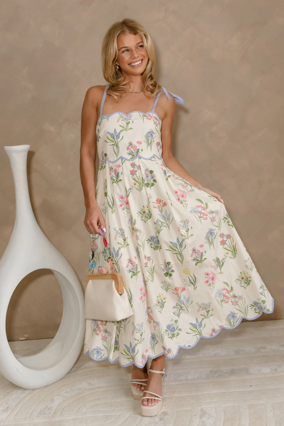 Daniella Cream Multi Floral Scallop Midi Dress