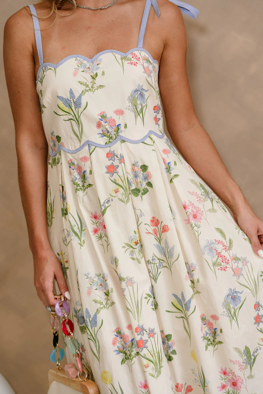 Daniella Cream Multi Floral Scallop Midi Dress - Image 2