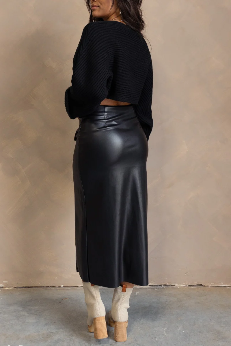 Danna Black Faux-Leather Slit Front Midi Skirt - Image 4
