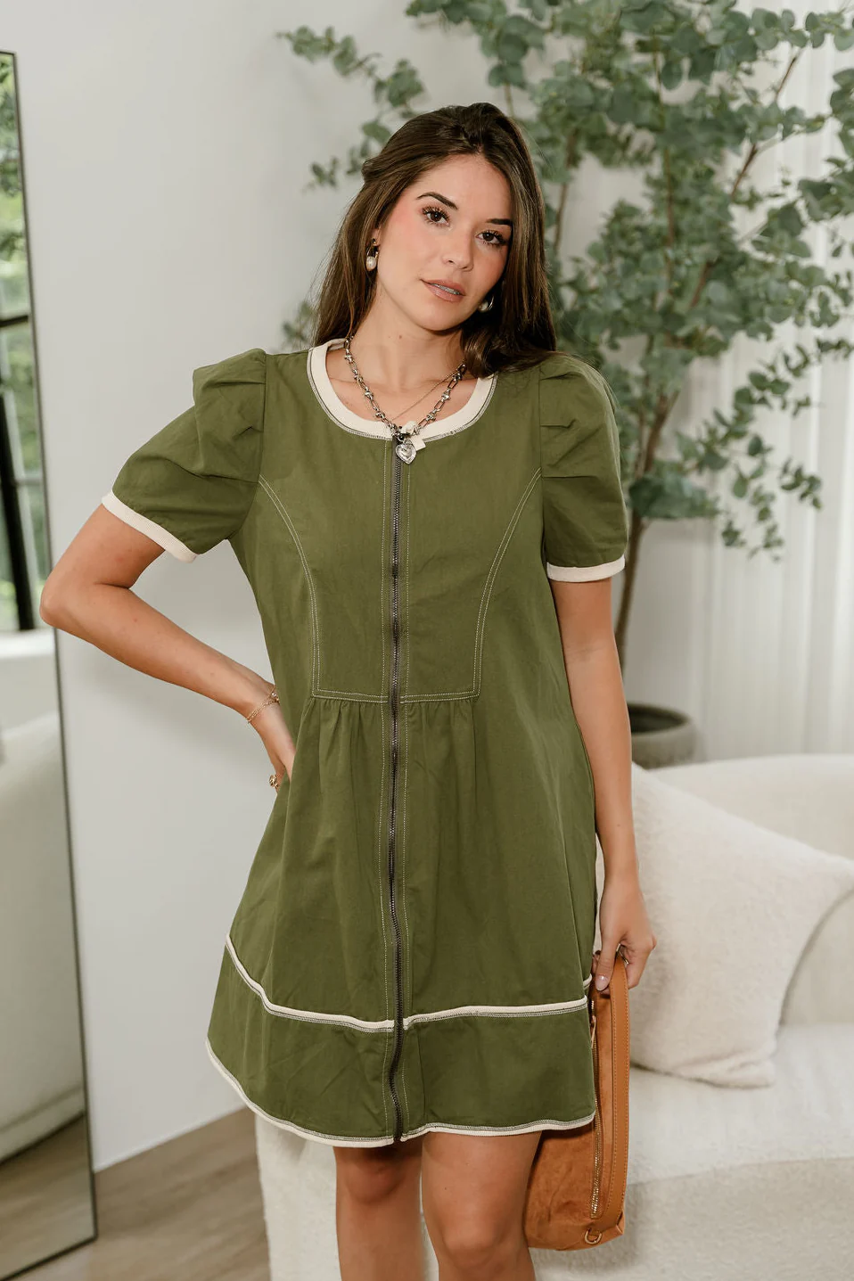 Danna Olive & Cream Zip-Up Mini Dress - Image 2