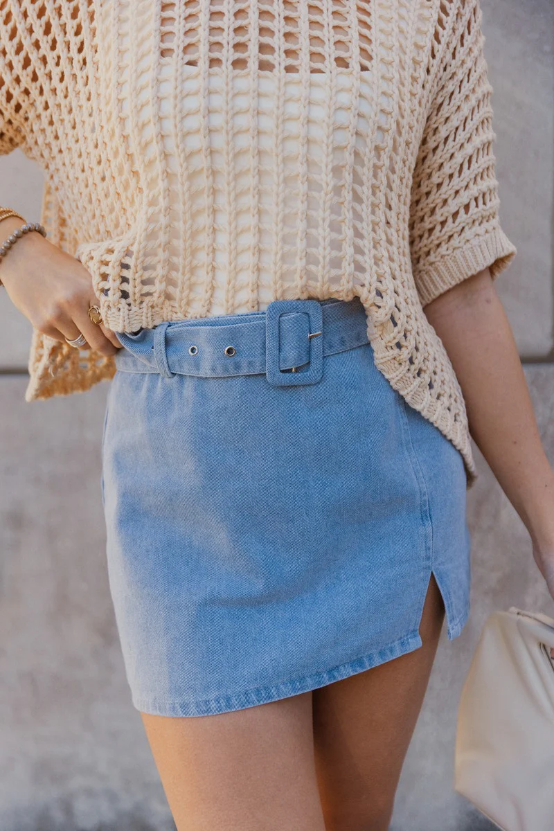 Daphne Light Washed Denim Belted Skirt - Image 3