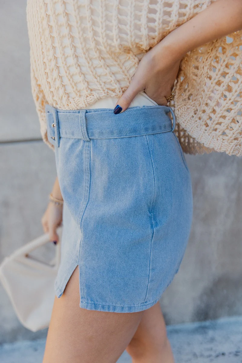 Daphne Light Washed Denim Belted Skirt - Image 4