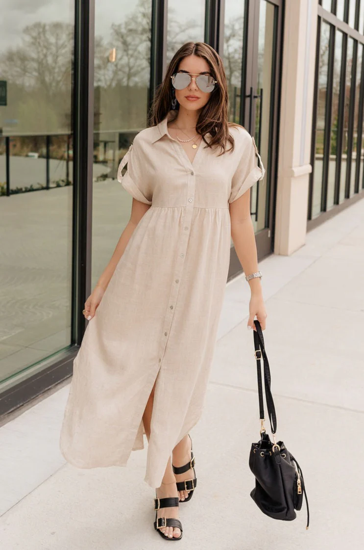Daphne Oatmeal Button-Up Midi Dress