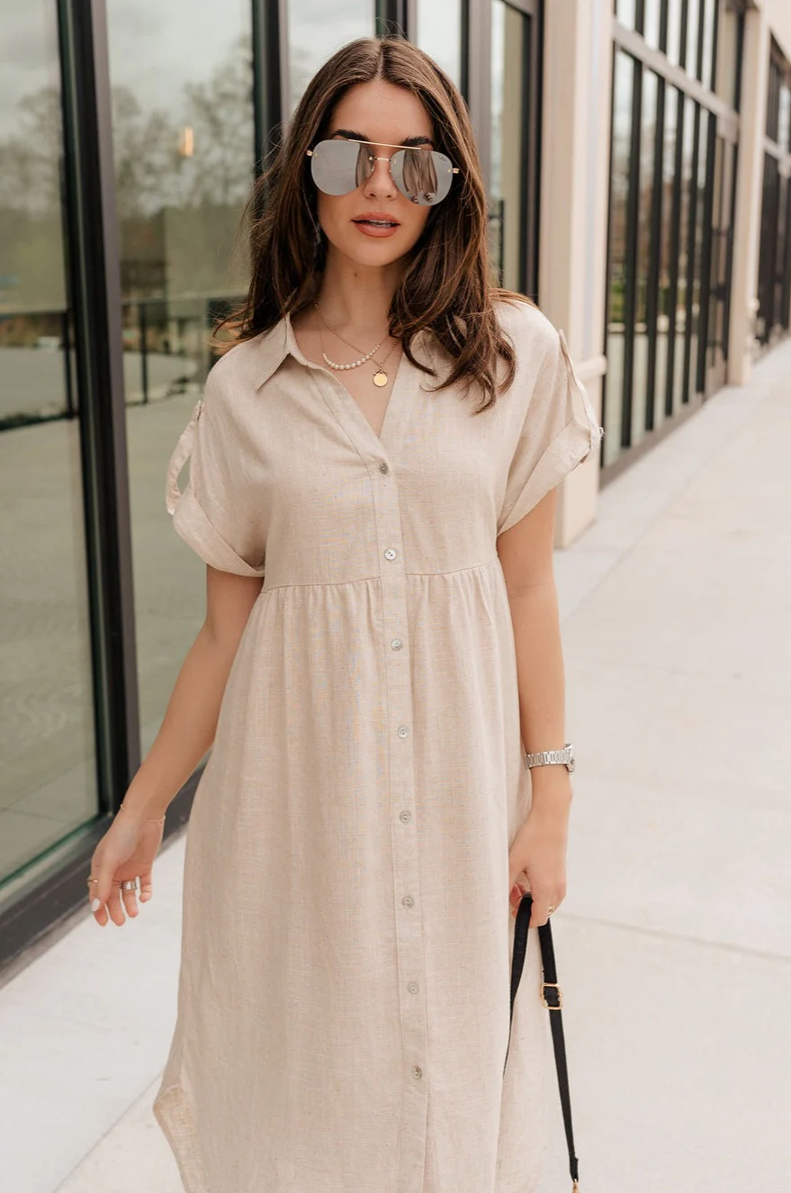 Daphne Oatmeal Button-Up Midi Dress - Image 2