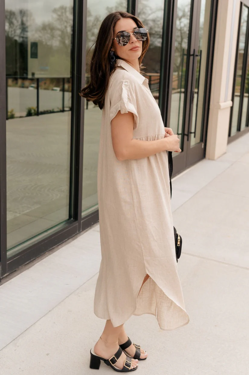 Daphne Oatmeal Button-Up Midi Dress - Image 3