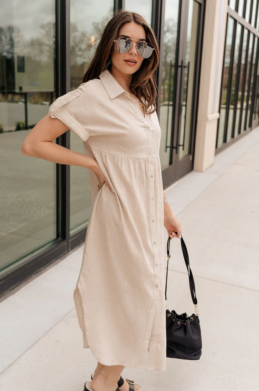 Daphne Oatmeal Button-Up Midi Dress - Image 4