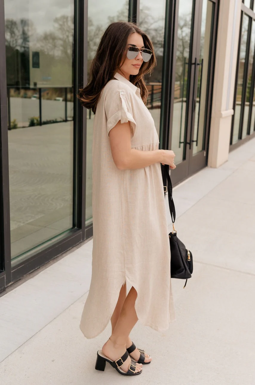 Daphne Oatmeal Button-Up Midi Dress - Image 5