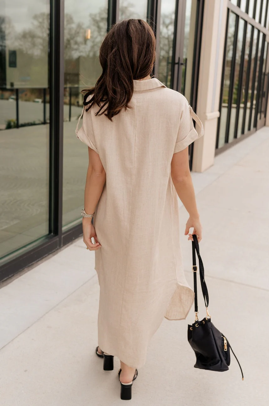 Daphne Oatmeal Button-Up Midi Dress - Image 6