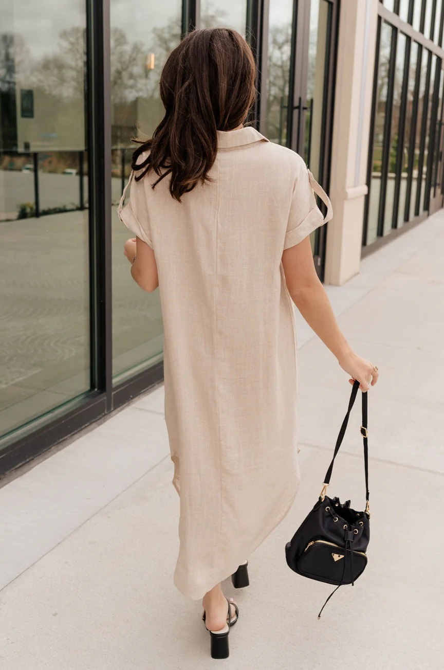 Daphne Oatmeal Button-Up Midi Dress - Image 7
