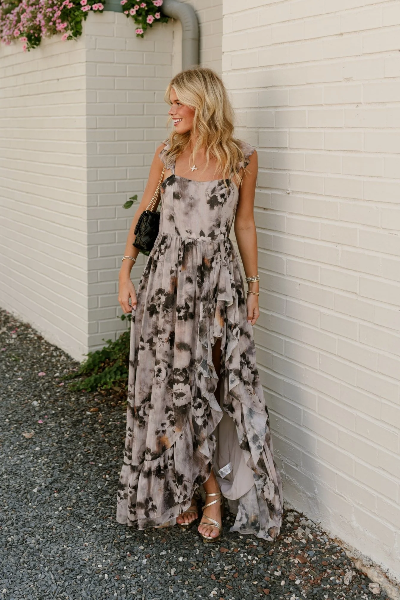 Daphne Taupe & Black Floral Ruffle Maxi Dress - Image 3