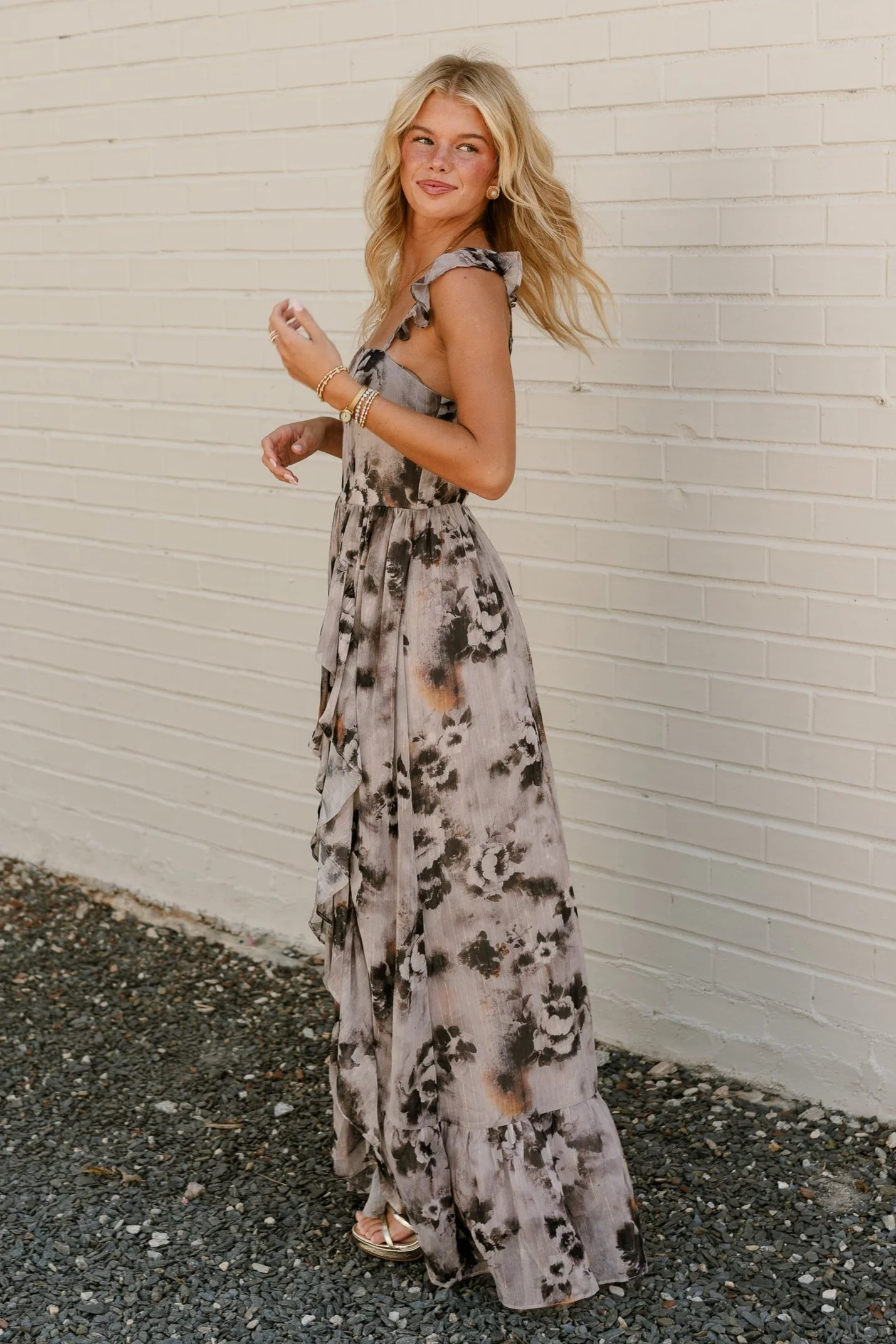 Daphne Taupe & Black Floral Ruffle Maxi Dress - Image 9