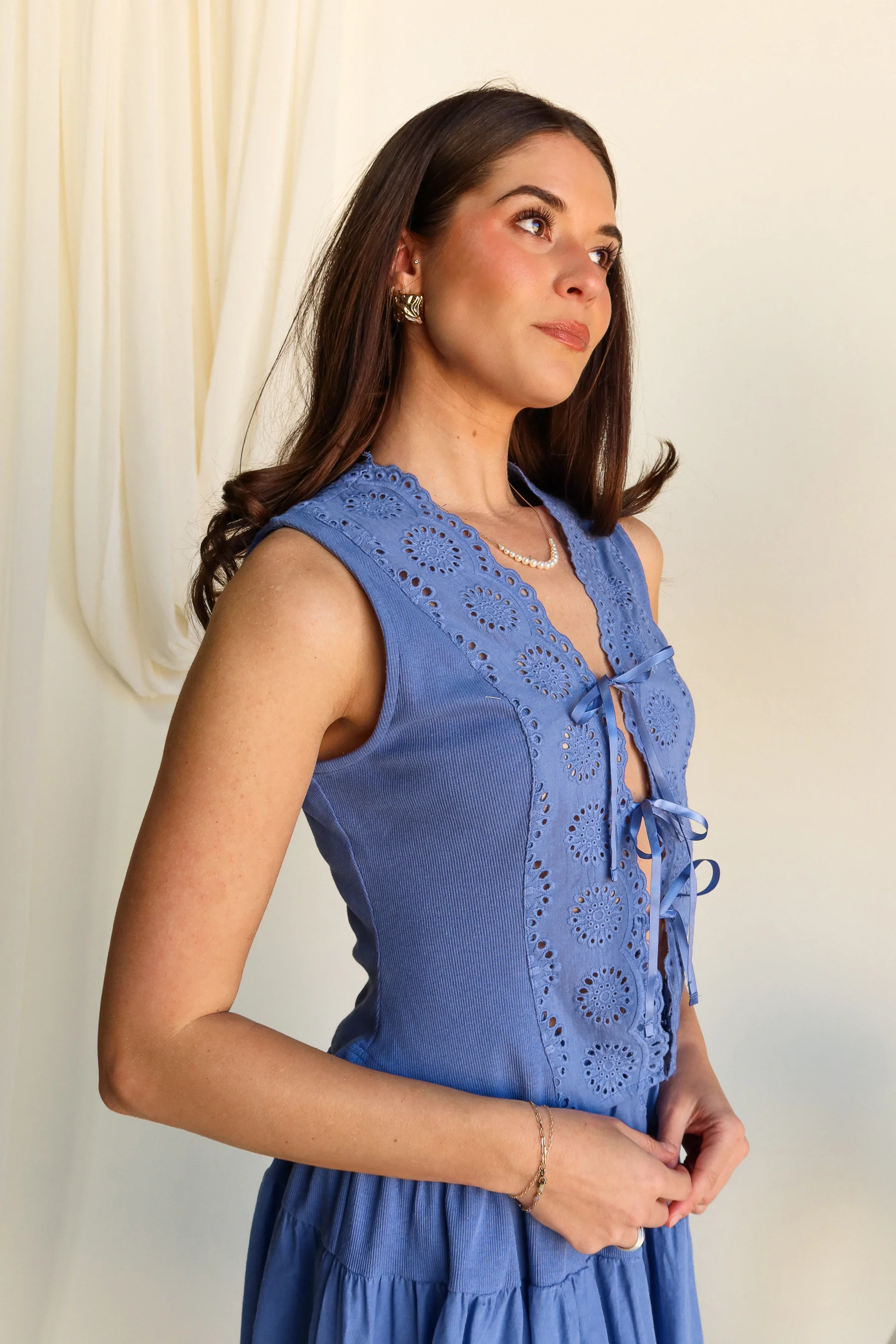 Dara Blue Eyelet Tie Front Top - Image 5