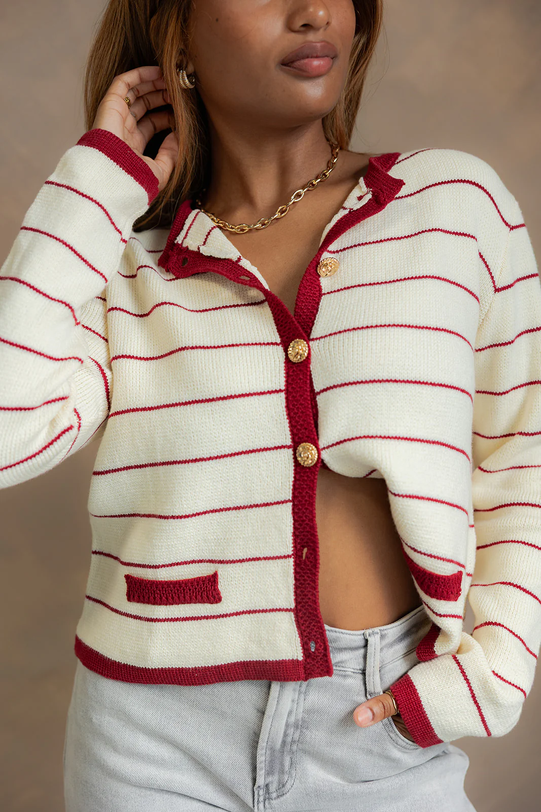 Dara Cream & Burgundy Striped Cardigan