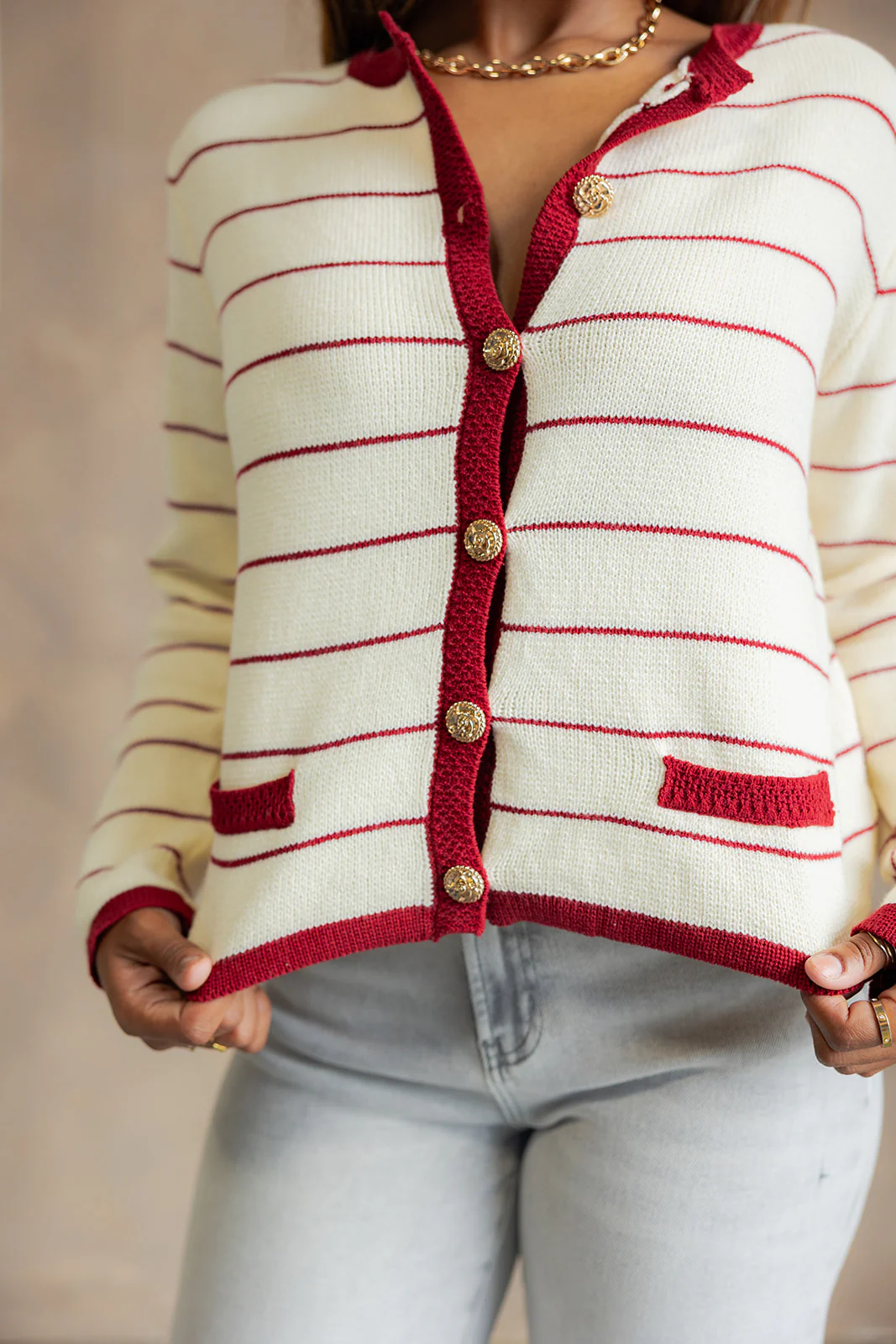 Dara Cream & Burgundy Striped Cardigan - Image 3