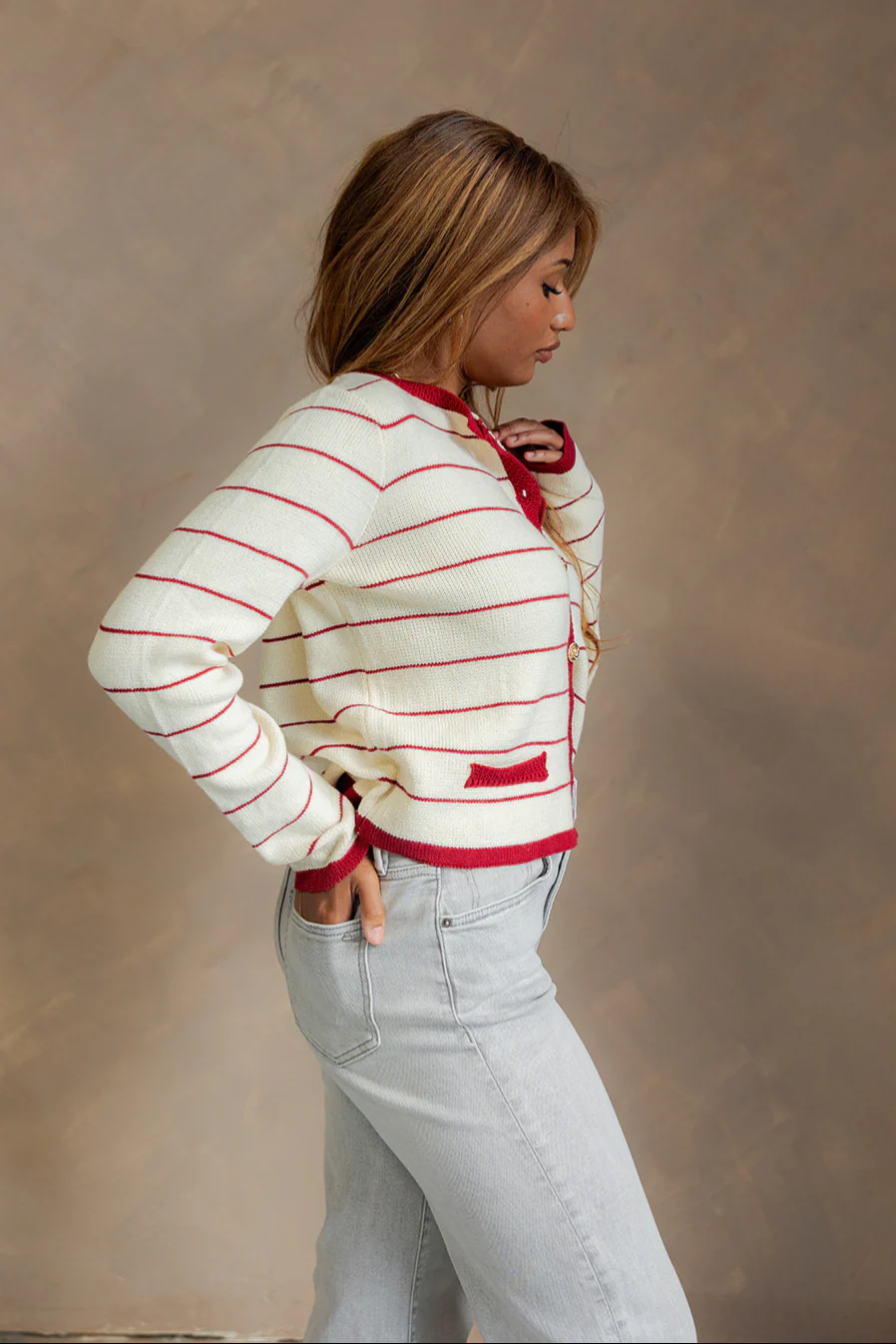 Dara Cream & Burgundy Striped Cardigan - Image 4