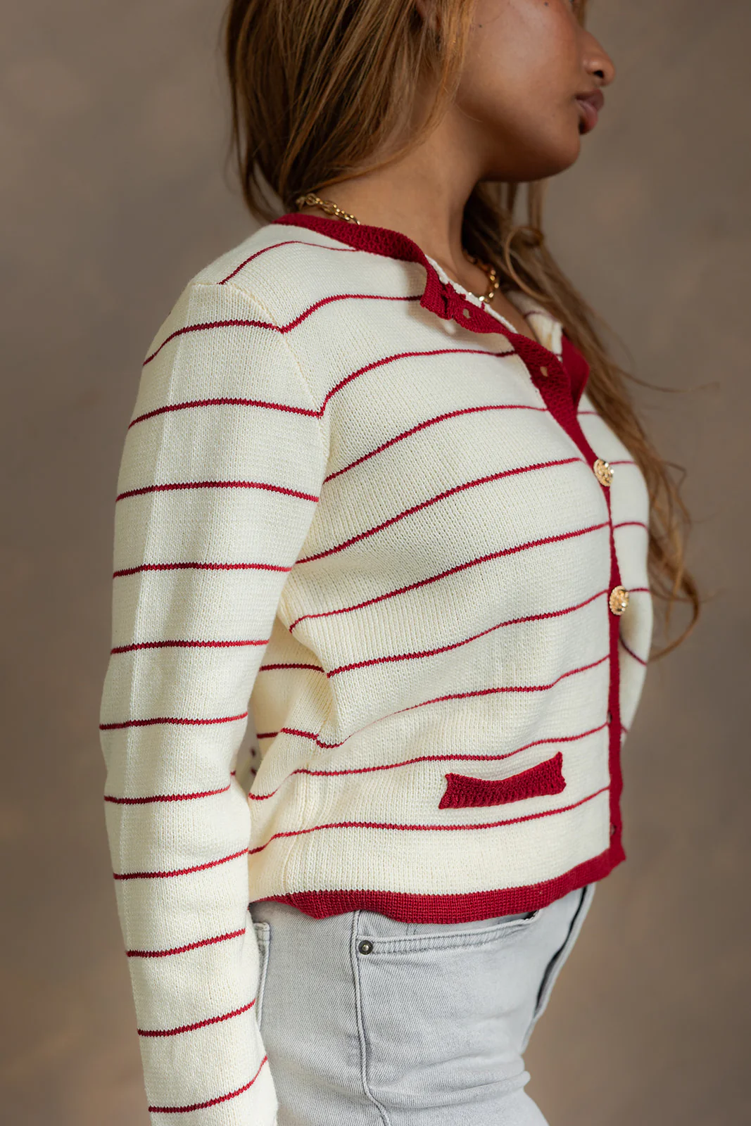 Dara Cream & Burgundy Striped Cardigan - Image 5