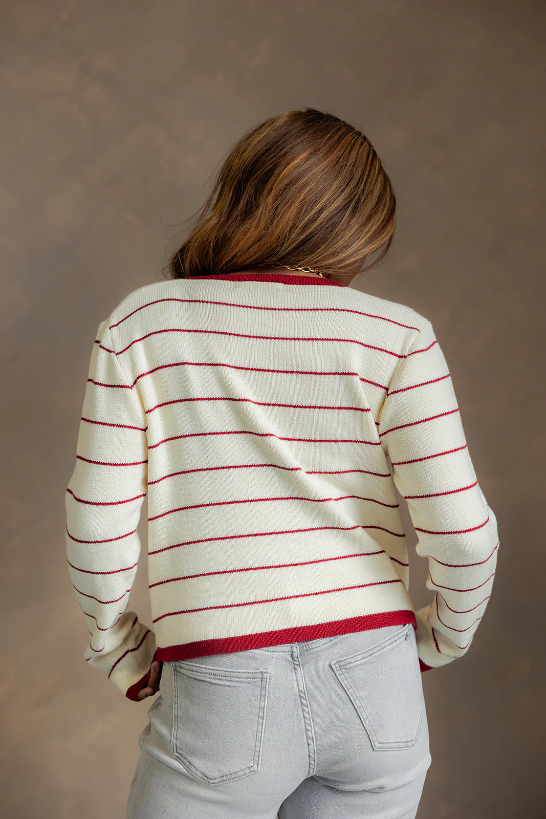 Dara Cream & Burgundy Striped Cardigan - Image 6