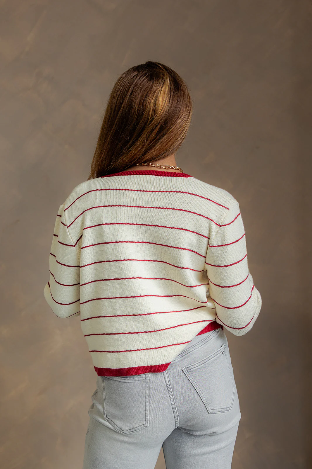 Dara Cream & Burgundy Striped Cardigan - Image 7