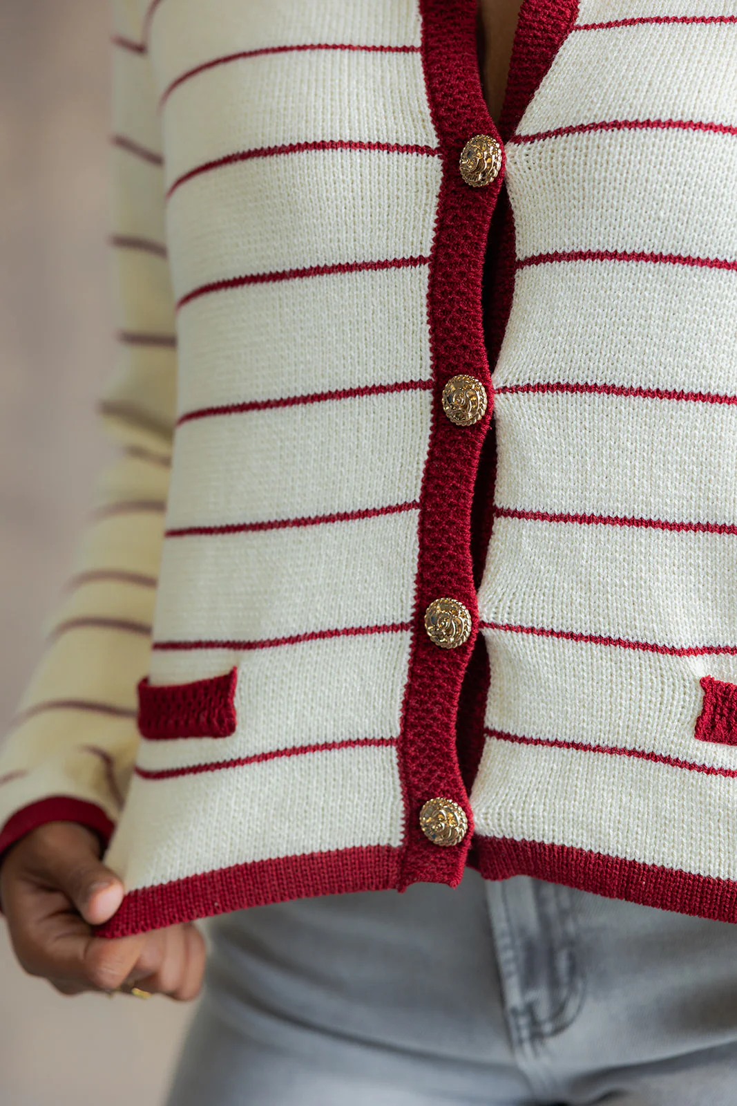 Dara Cream & Burgundy Striped Cardigan - Image 8