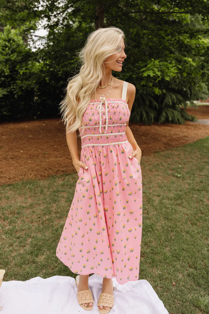 Daria Pink Floral Midi Dress - Image 2