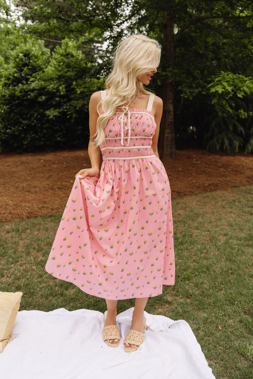 Daria Pink Floral Midi Dress - Image 3