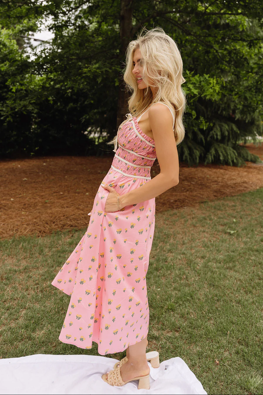 Daria Pink Floral Midi Dress - Image 6