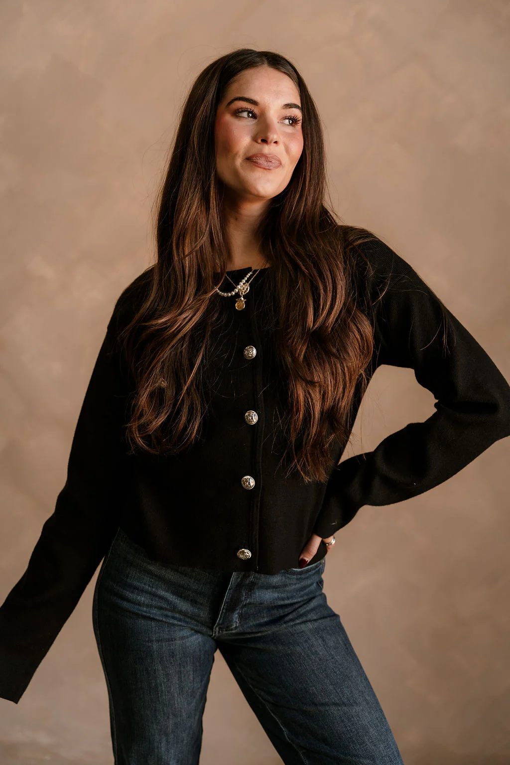 Delaney Black & Gold Button-Up Pocket Cardigan - Image 3