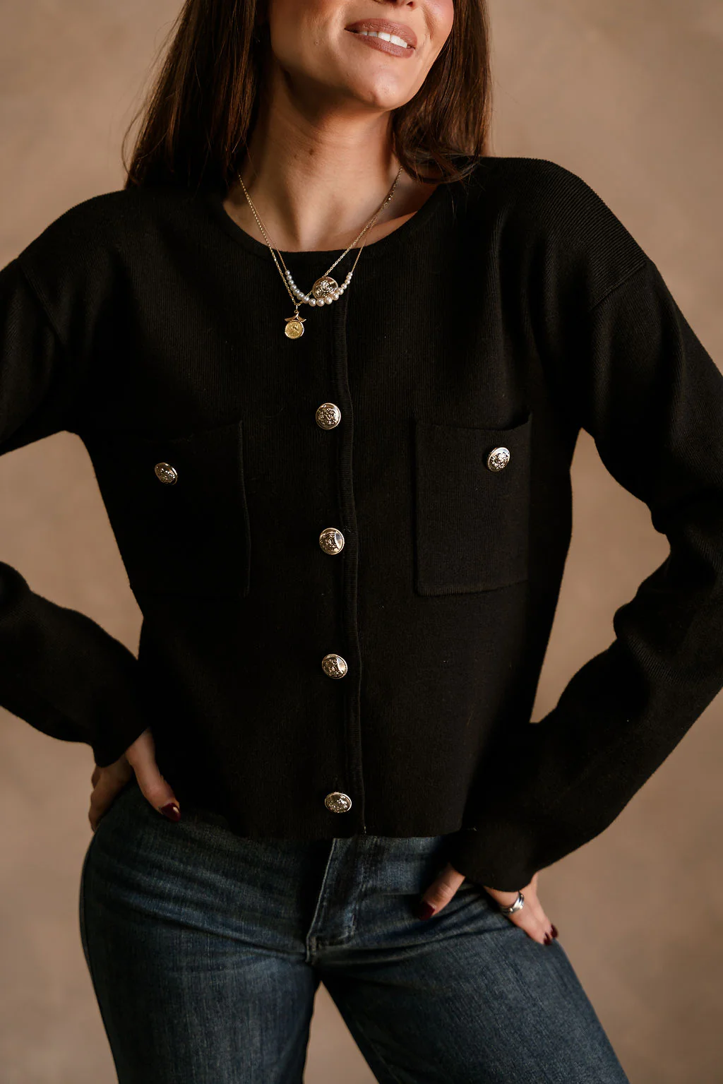 Delaney Black & Gold Button-Up Pocket Cardigan - Image 4